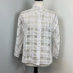 Worth White Sheer Mesh Checkered Window Button Down Blouse XP